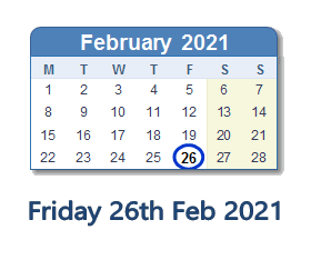 26 February 2021 calendar