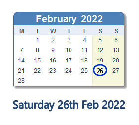 26 February 2022 calendar