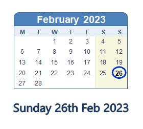 26 February 2023 calendar