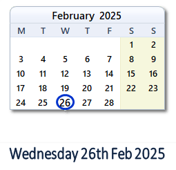 26 February 2025 calendar