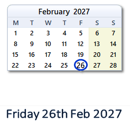 26 February 2027 calendar