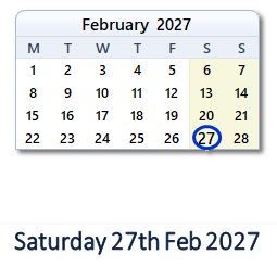 27 February 2027 calendar