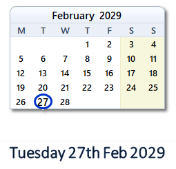 27 February 2029 calendar
