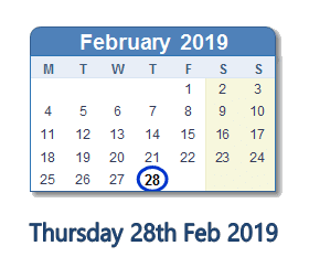 28 February 2019 calendar