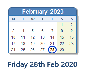 28 February 2020 calendar
