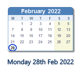 28 February 2022 calendar