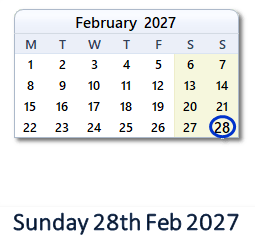 28 February 2027 calendar