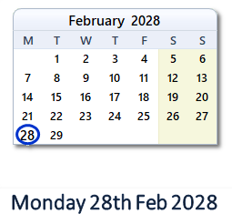 28 February 2028 calendar