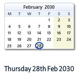 28 February 2030 calendar