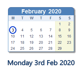 3 February 2020 calendar