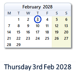 3 February 2028 calendar