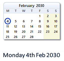 4 February 2030 calendar