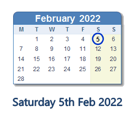 5 February 2022 Calendar with Holidays and Count Down - GBR