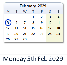 5 February 2029 calendar
