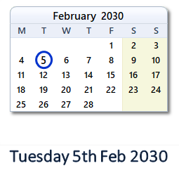 5 February 2030 calendar