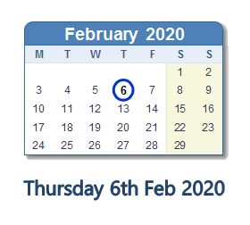 6 February 2020 calendar