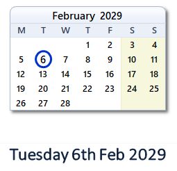 6 February 2029 calendar