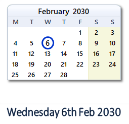6 February 2030 calendar