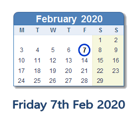 7 February 2020 calendar