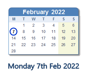 7 February 2022 calendar