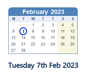 7 February 2023 calendar