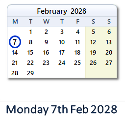 7 February 2028 calendar