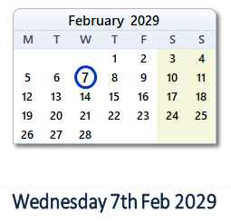 7 February 2029 calendar