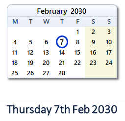 7 February 2030 calendar