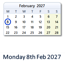 8 February 2027 calendar