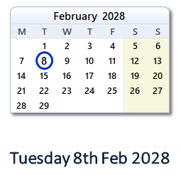 8 February 2028 calendar