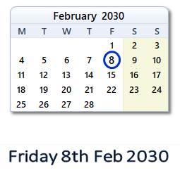 8 February 2030 calendar