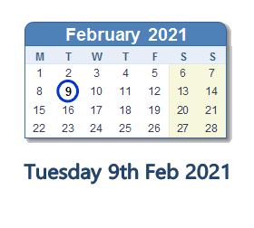 9 February 2021 calendar