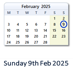 9 February 2025 calendar