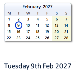 9 February 2027 calendar
