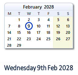 9 February 2028 calendar