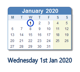 1 January 2020 calendar