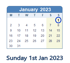 1 January 2023 calendar