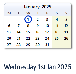 1 January 2025 calendar