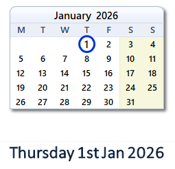 1 January 2026 calendar
