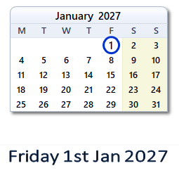 1 January 2027 calendar