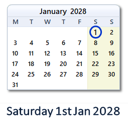 1 January 2028 calendar