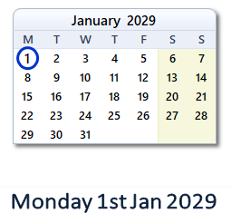 1 January 2029 calendar