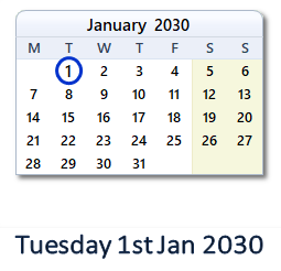 1 January 2030 calendar