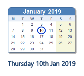 10 January 2019 calendar