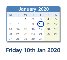 10 January 2020 calendar