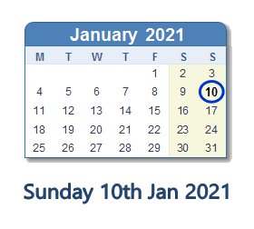 10 January 2021 calendar
