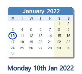 10 January 2022 calendar