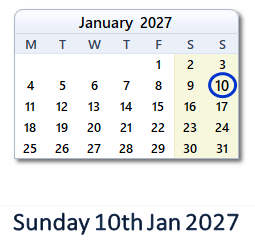 10 January 2027 calendar