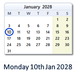 10 January 2028 calendar