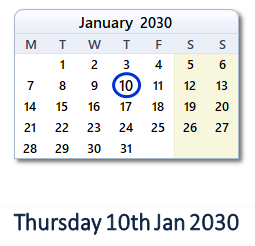 10 January 2030 calendar